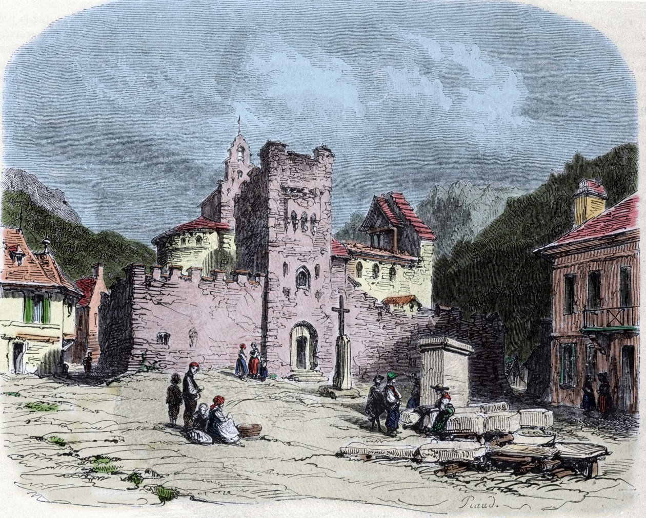 Church of the Knights of the Order of the Temple (Templars) i Luz Saint Saviour (Luz-Saint-Sauveur eller Luz St Saviour, Luz-St-Sauveur). Tegning av Karl Girardet (1813-1871) av Karl Girardet