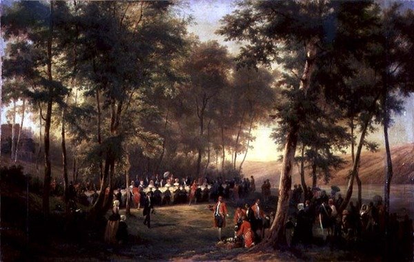 Lunsj gitt av Louis-Philippe (1773-1850) for dronning Victoria (1819-1901) i Forest of Eu, 6. september 1843, 1844 (se også 379713) av Karl Girardet