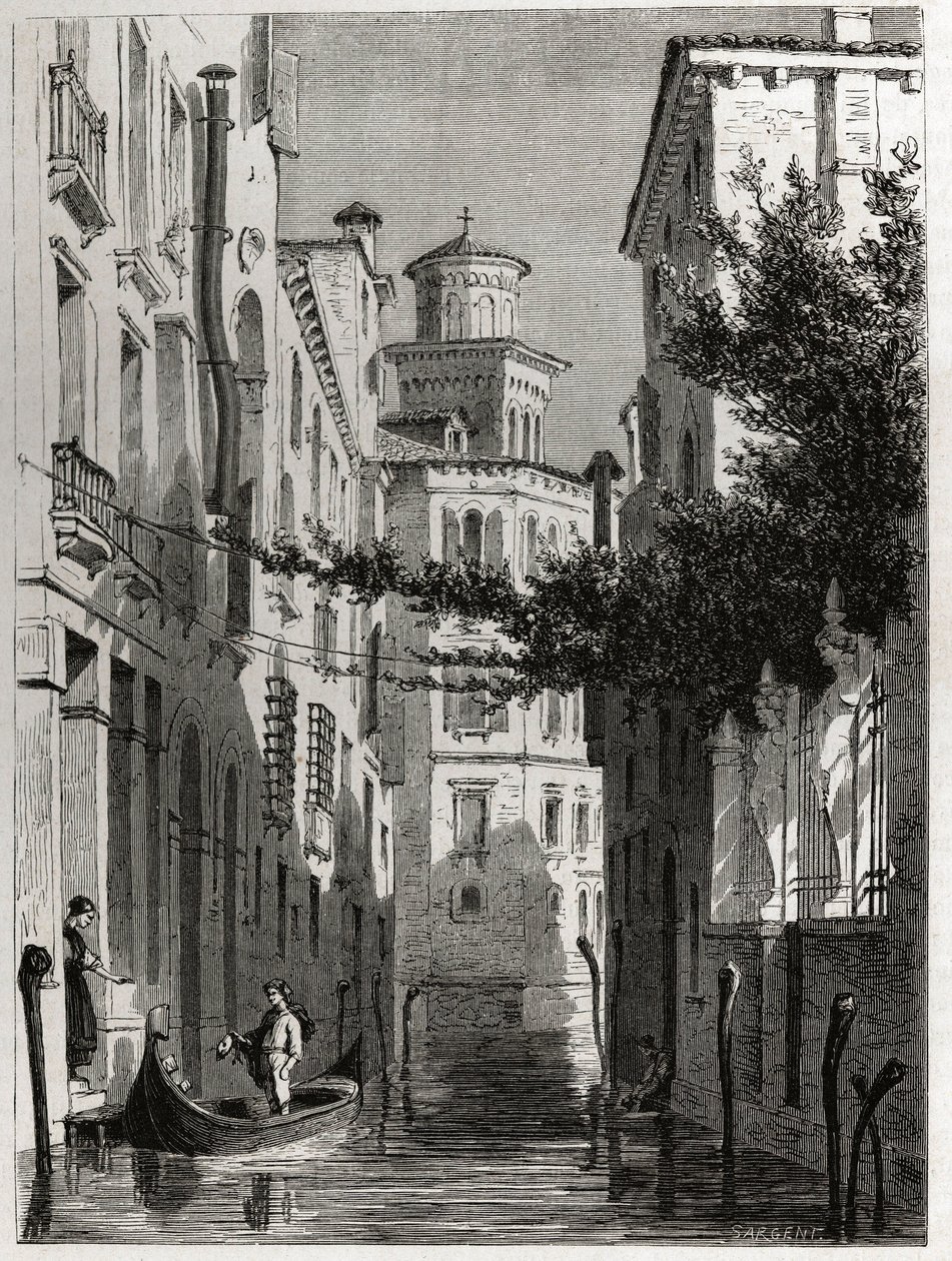 Palasset til Bianca Cappello i Venezia, Venezia. tegning av Karl Girardet (1813-1871), for å illustrere Adalbert de Beaumonts reise til Venezia, rundt 1850. Gravering i «» Le tour du monde», redigert av Edouard Charton av Karl Girardet