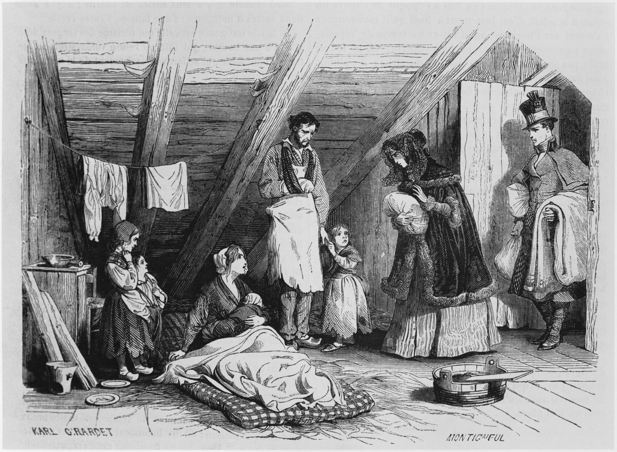 Besøker de fattige, illustrasjon fra 'Le Magasin Pittoresque', Paris, 1844 av Karl Girardet