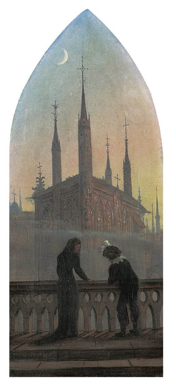 Folk i gammelt tyske kle seg i kontemplasjon av en middelalderby av Karl Gustav Carus