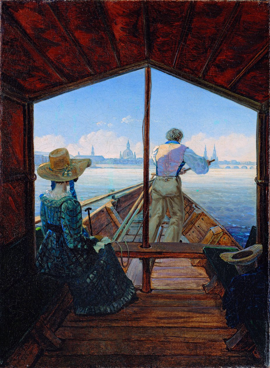 ""Tidlig morgen på Elben"" båttur på Elben ved Dresden (Barge Trip on the Elbe near Dresden (Morning on the Elbe) Maleri av Carl Gustav Carus (1789-1869) Olje på lerret 1827 Dim 29x22 cm Museum Kunstpalast, Düsseldorf av Karl Gustav Carus