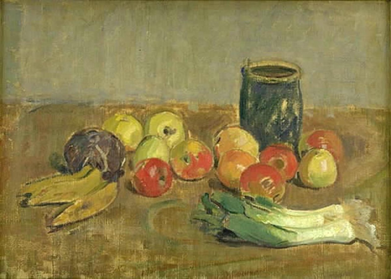 Stilleben. Epler, purre, bananer og grønn krukke av Karl Isakson