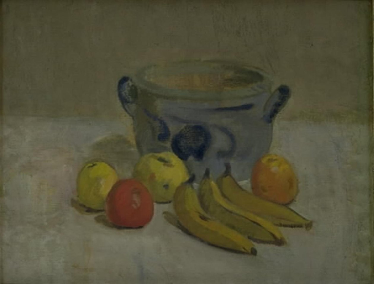 Stilleben med grå krukke, epler og bananer av Karl Isakson