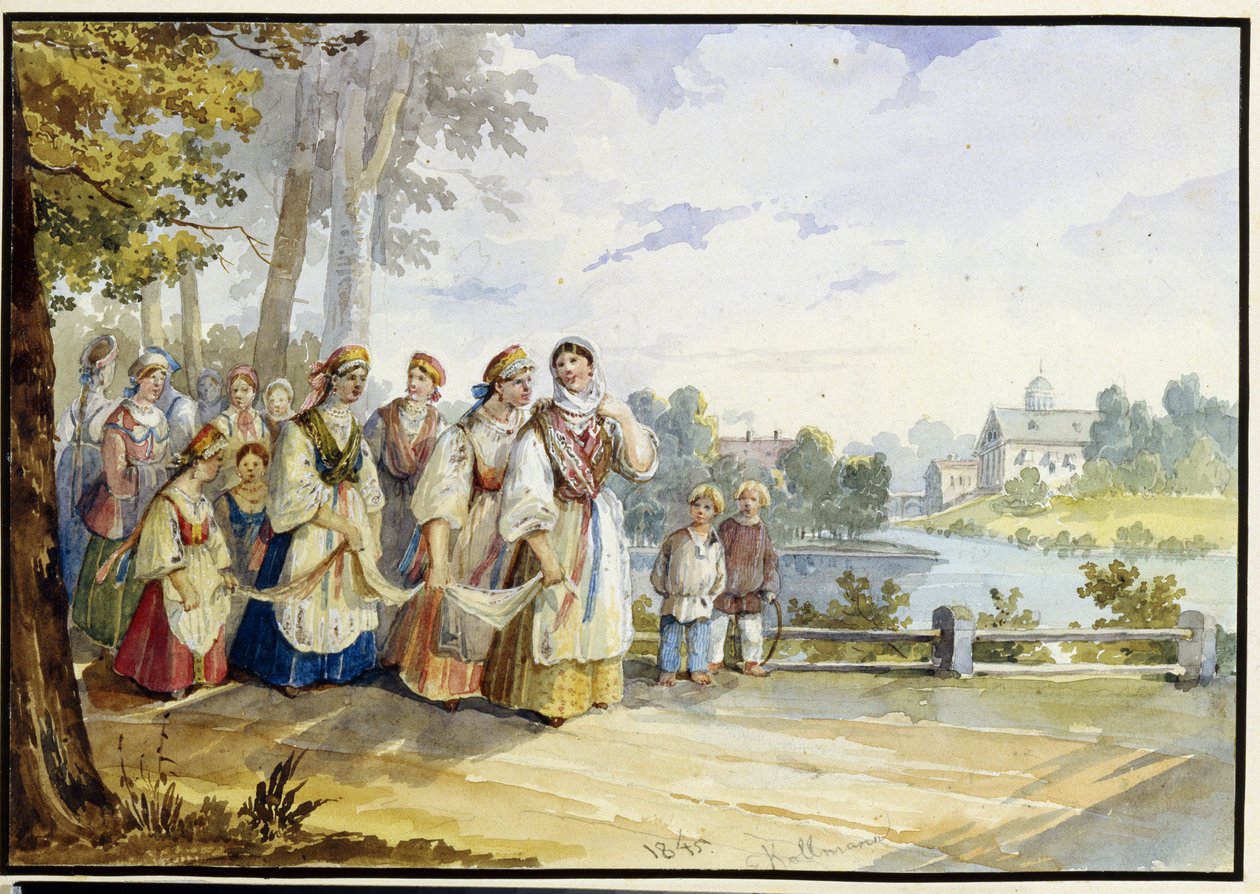 Russiske bondepiker med festivalkjole. Verk av Karl Ivanovich Kolmann (1786-1846), akvarell på papp av Karl Ivanovich Kolmann