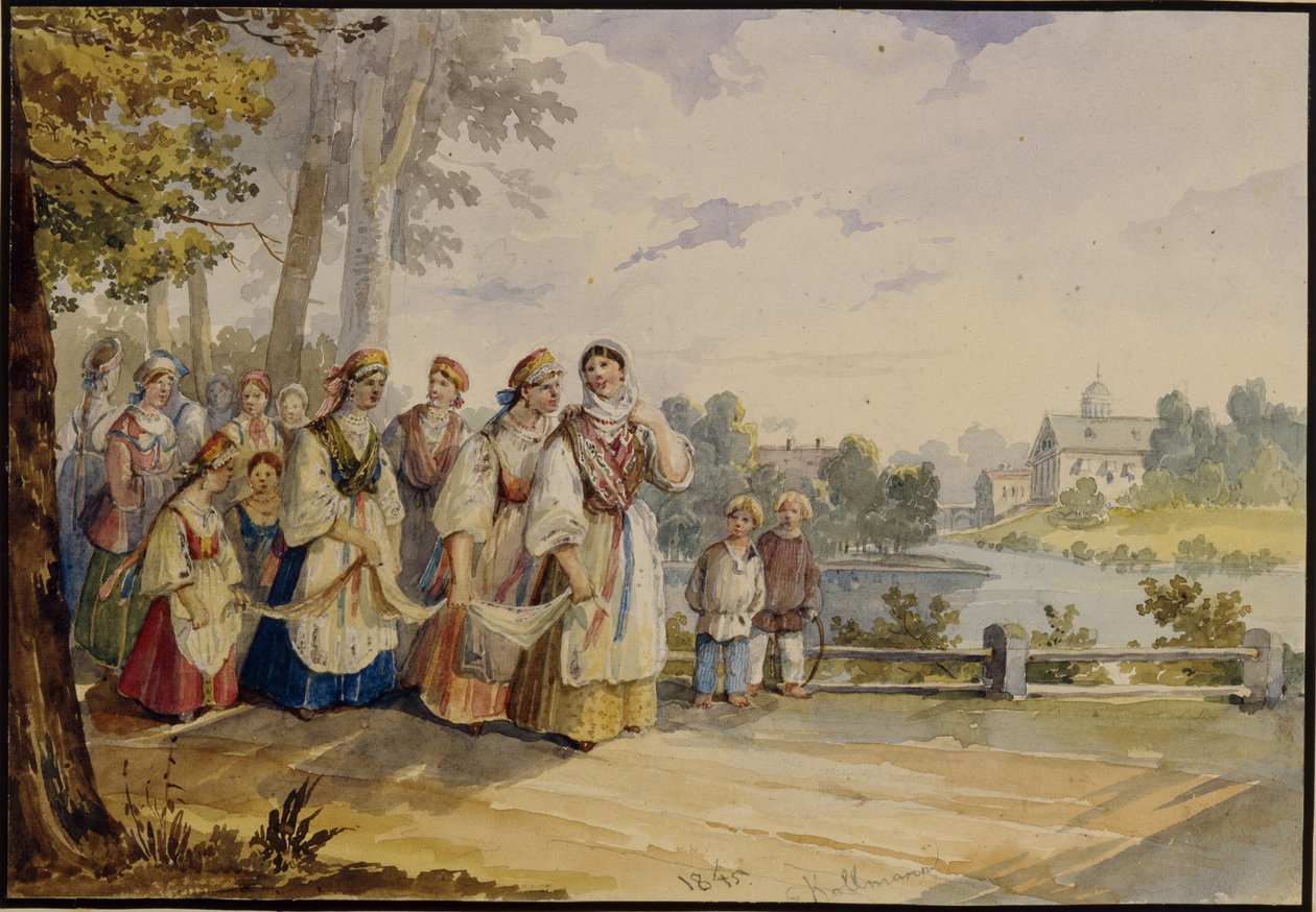 Russiske bondepiker med festkjole, 1845 av Karl Ivanovich Kolmann
