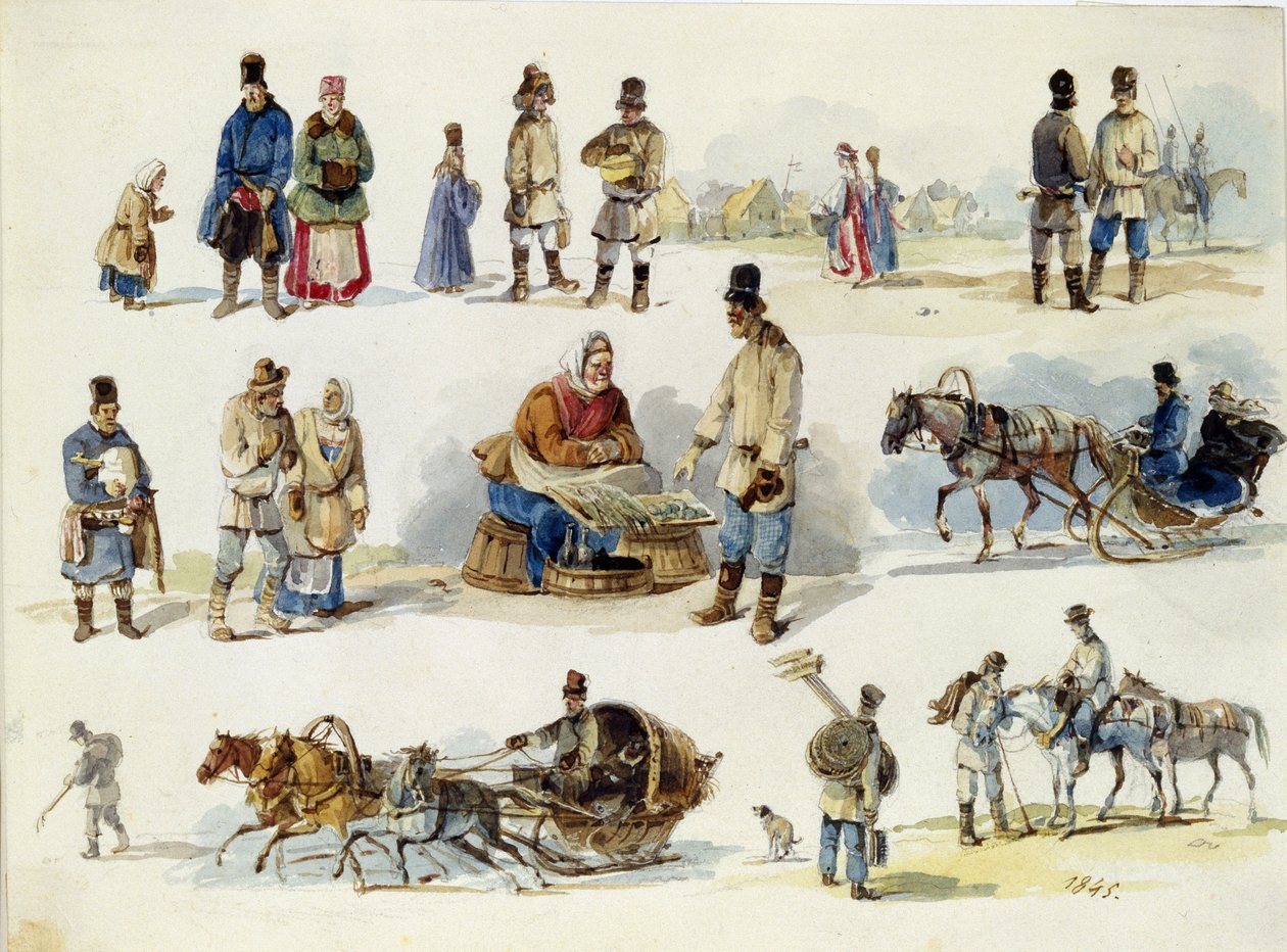 Russiske folketyper. (Folketyper av Russland). Verk av Karl Ivanovich Kolmann (1786-1846), akvarell på papp av Karl Ivanovich Kolmann