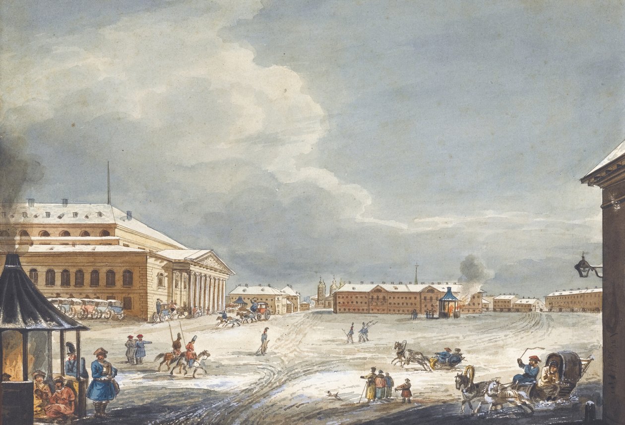 Utsikt over Saint Petersburg Imperial Bolshoi Kamenny Theatre av Karl Ivanovich Kolmann