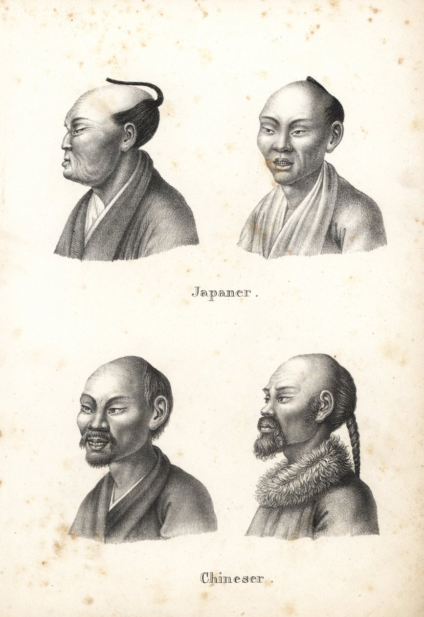 Byster av japanske menn med chonmage toppknutefrisyre, og kinesiske menn med skjegg, en med pigtail. Litografi av Karl Joseph Brodtmann fra Heinrich Rudolf Schinz
