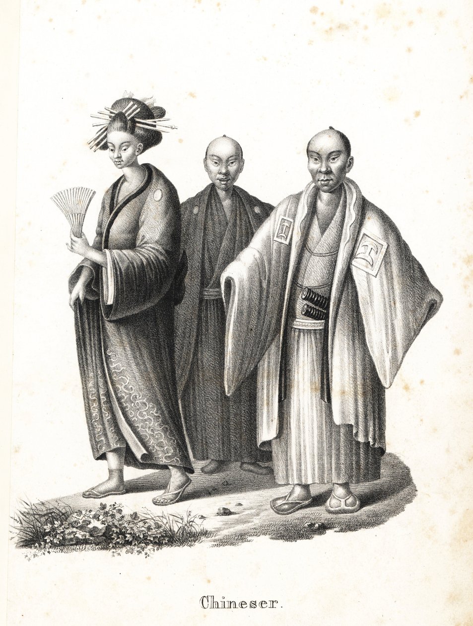 Japansk oiran og samurai. Japansk kurtisane i kimono med vifte og hårpynt, og to japanske samuraier i chonmage-frisyre iført montsuki over hakama med to sverd (katana) i beltet. (Tillagt kinesisk tittel.) Litografi av Karl Joseph av Karl Joseph Brodtmann