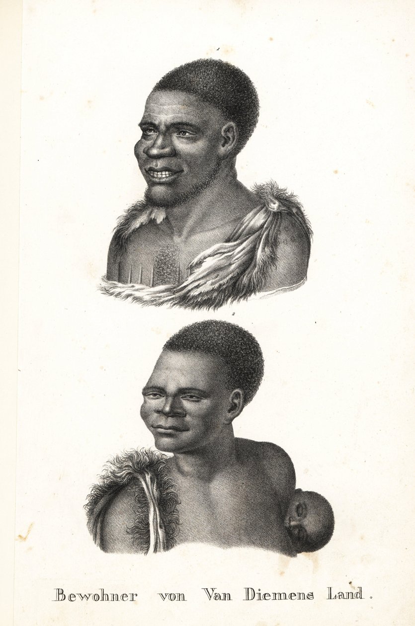 Innfødte i Tasmania, Van Diemens land. Grou Aagara, mann med scarification på brystet og kappe av dyrehud, og Arra-Maida, kvinne med barn på ryggen i kenguru-papos. De Tasmanske innfødte ble utryddet av kolonister. Kopiert fra Nicolas Marti av Karl Joseph Brodtmann
