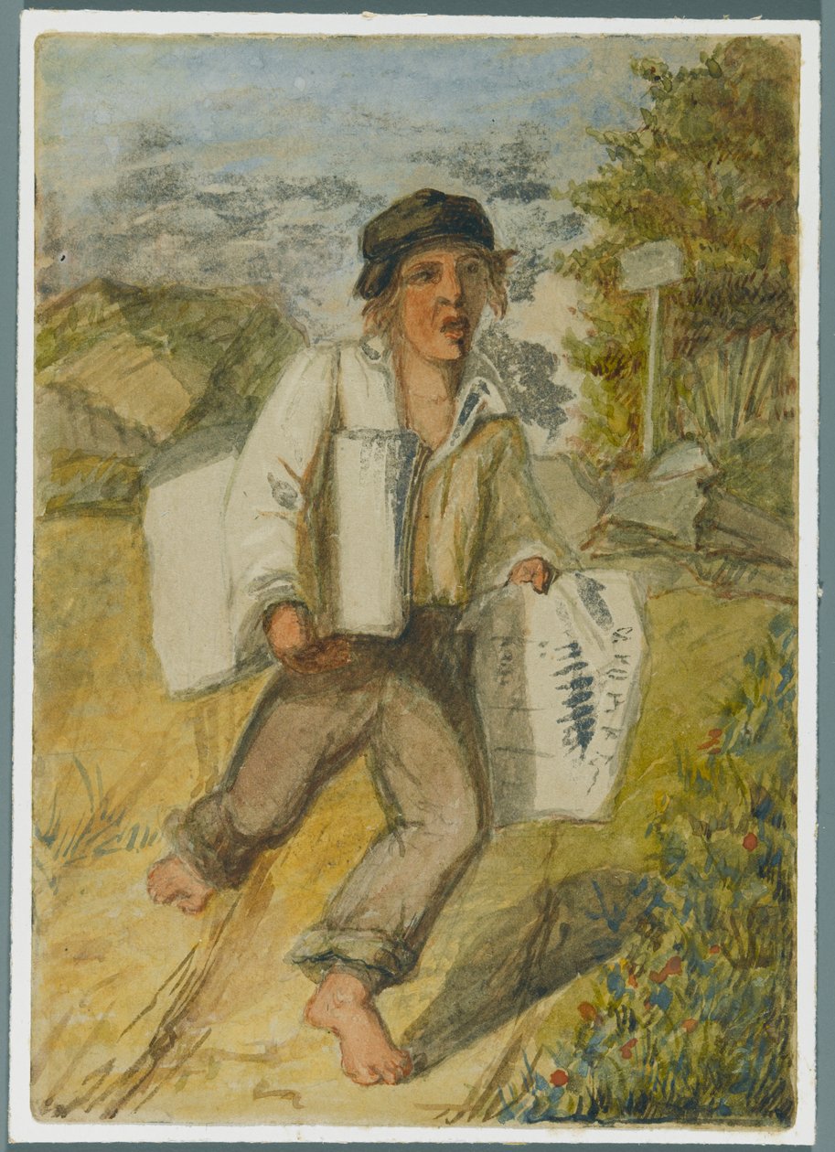 Newspaper Boy, 1864 (wc over svarte medieundertegning) av Karl L.H. Mueller