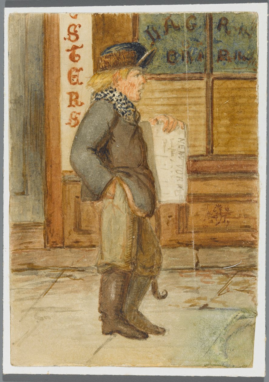 Newspaper Boy, 1864 (wc over svarte medieundertegning) av Karl L.H. Mueller