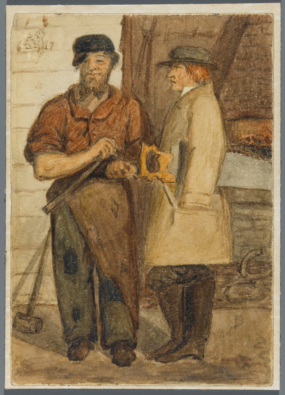 Two Stone Workers, 1864 (wc over svart medieundertegning) av Karl L.H. Mueller