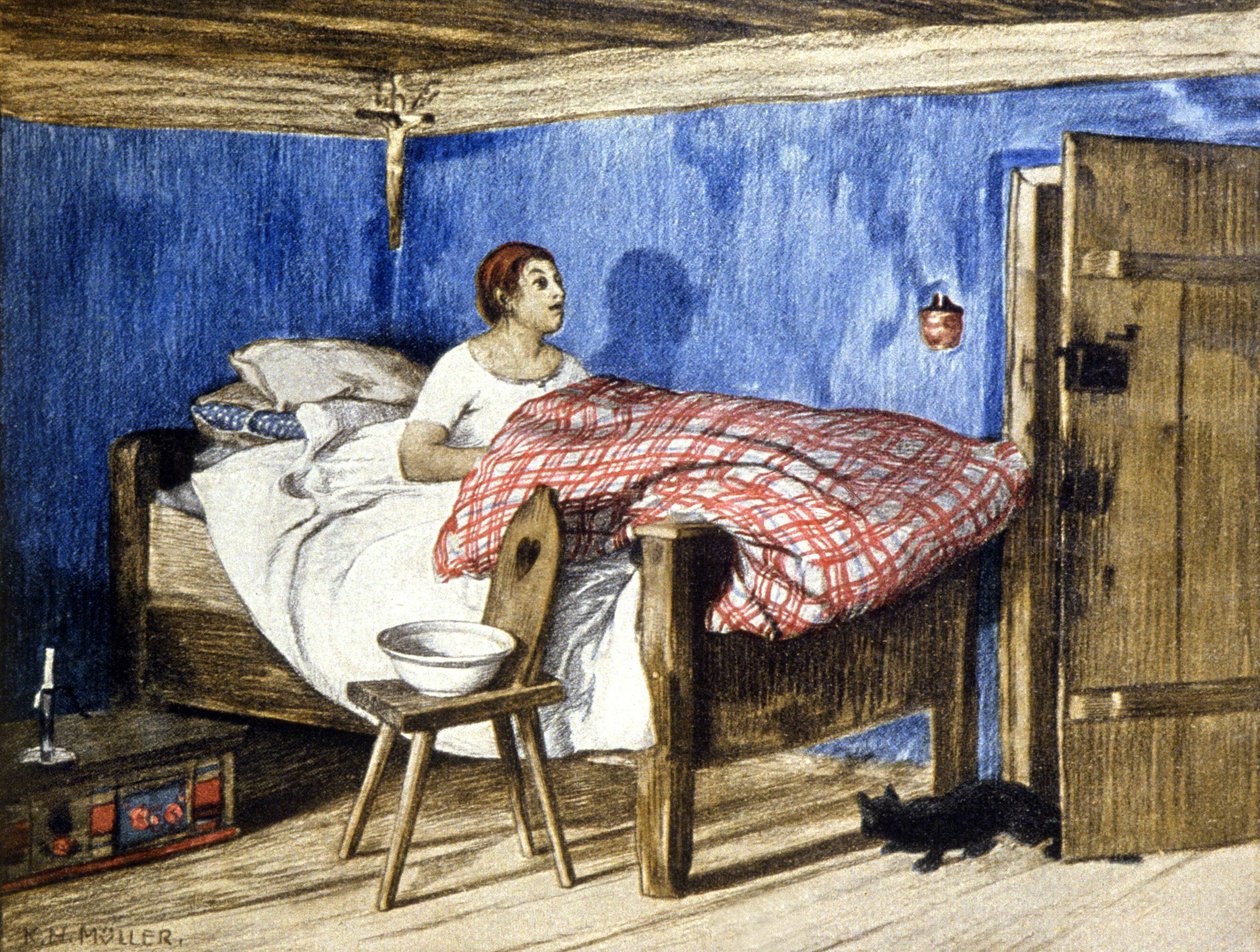 Katt som besøker en kvinne på soverommet hennes, tidlig på 1900-tallet (illustrasjon) av Karl L. H. Müller
