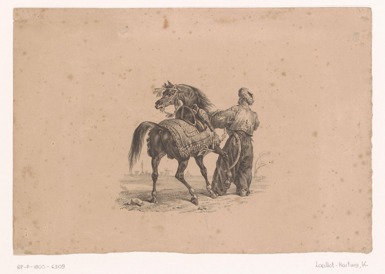 Hest og stående mann i osmanske klær Hester og ryttere (serietittel) av Karl Loeillot Hartwig