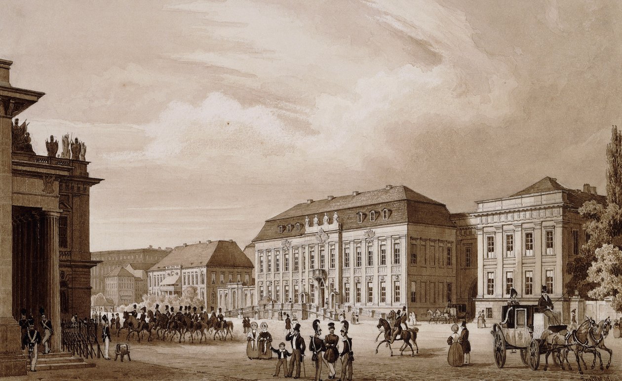 Unter den Linden, Berlin. Utsikt fra Neue Wache mot Kronprinzenpalais med Prinzessinenpalais til høyre og Kommandatur til venstre, av Karl Loeillot Hartwig