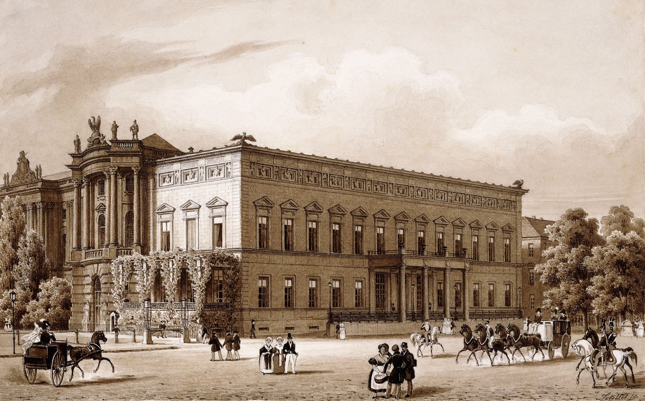 Unter den Linden, Berlin. palasset til prins Wilhelm, bygget av Karl Langhans i 1834-36, og det kongelige bibliotek, bygget av Georg Christian Unger 1775-78 etter planer av Josef Emanuel Fischer von Erlach, med utsikt over Platz am Opernhaus, av Karl Loeillot Hartwig