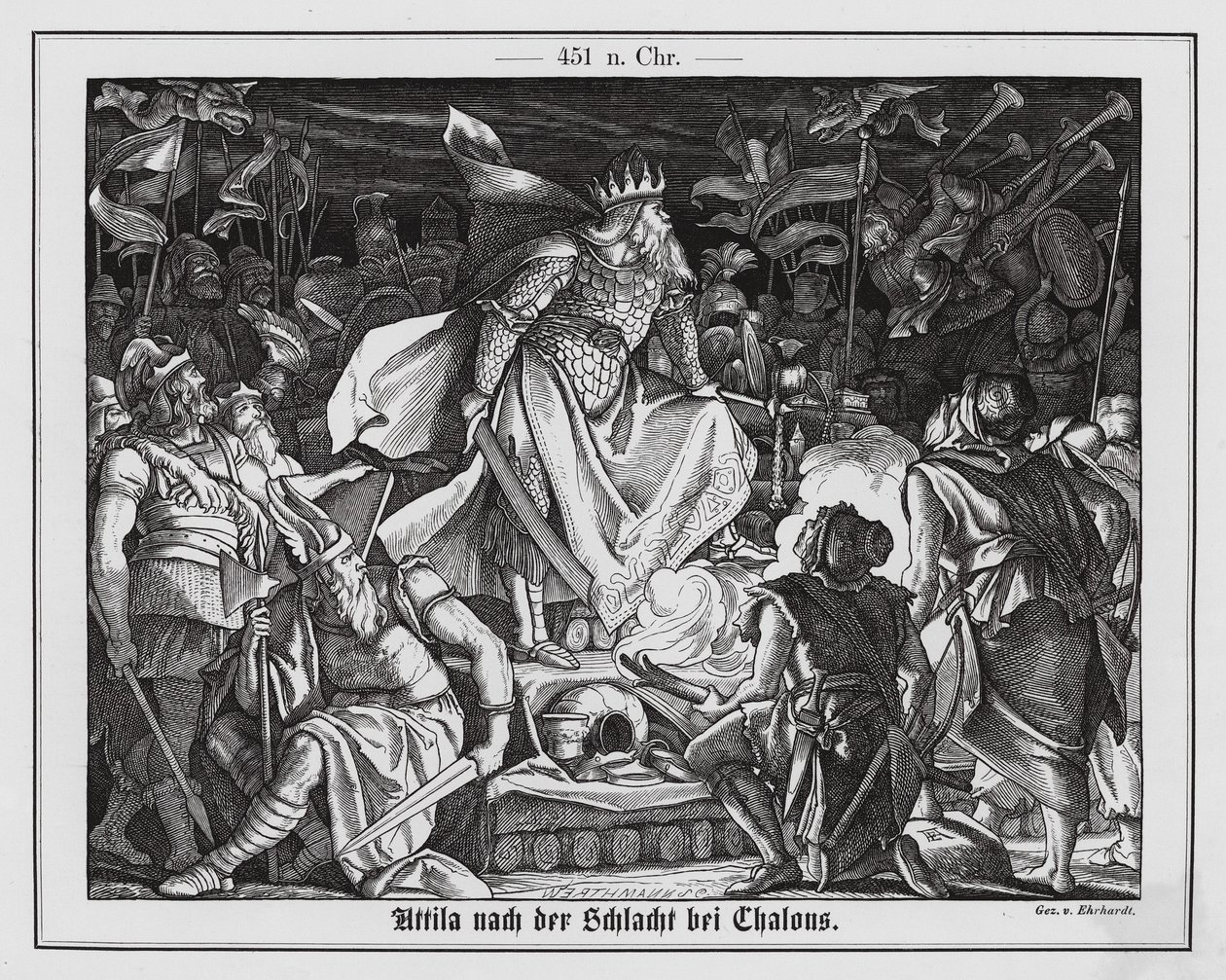 Attila huneren etter slaget ved Chalons, 451 (gravering) av Karl Ludwig Adolf Ehrhardt