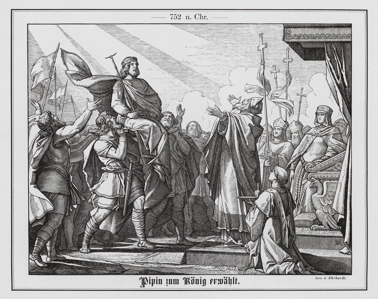 Pippin den korte utropte frankernes konge, 751 (gravering) av Karl Ludwig Adolf Ehrhardt