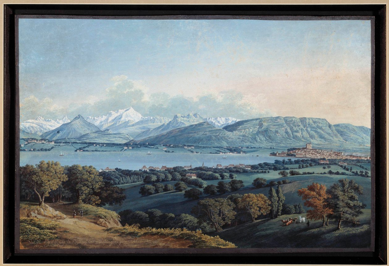 Utsikt over Genève med Lake Leman og Mont Blanc akvarell av Karl Hackert (1740-1800) Privatsamling fra 1800-tallet av Karl Ludwig Hackert