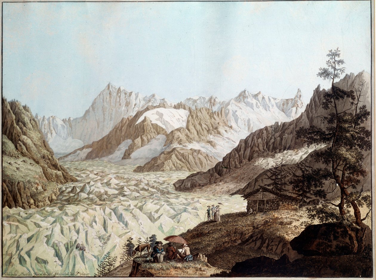 Utsikt over ishavet på Mount Avert nær Chamonix i Alpene Illustrasjon av Karl Hackert (1740-1800) (ec.all.) 1781 Frankfurt. Stadelsches Kunstinstitut av Karl Ludwig Hackert