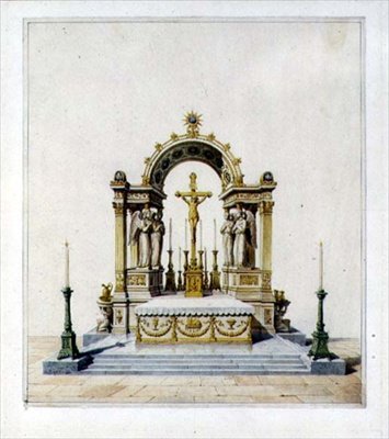 Design for et nyklassisk høyalter (penn og blekk og akvarell på papir) av Karl Ludwig Wilhelm Zanth
