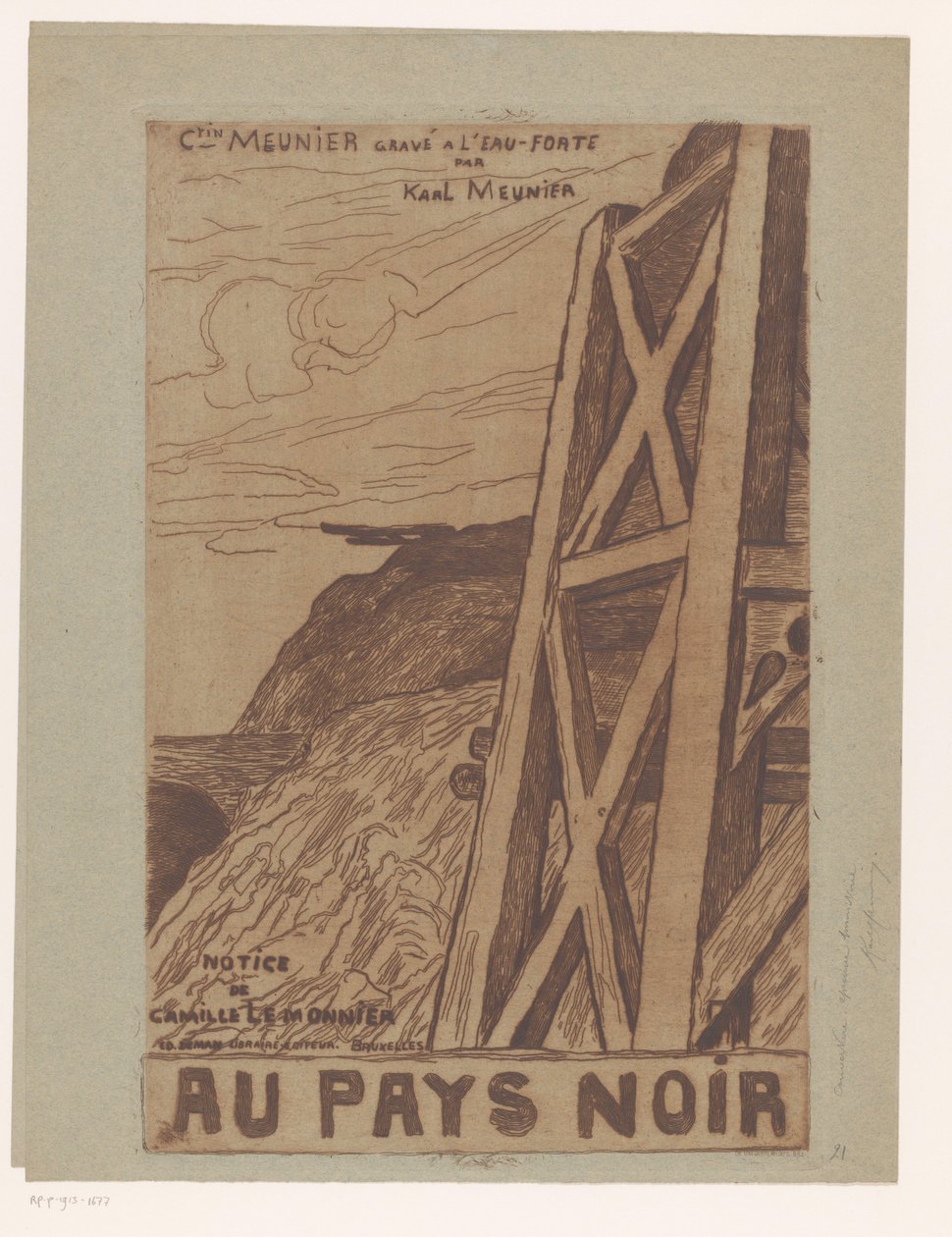 Fjelllandskap med industribygg Tittelside for: Lemonnier, Au Pays Noir, [1885] av Karl Meunier