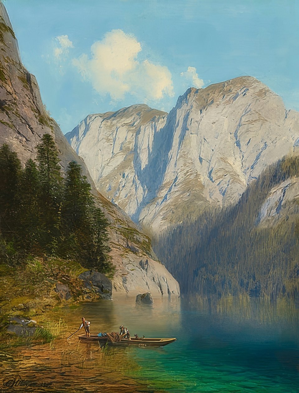 Fiskere i båten på bredden av et fjellvann. 1882 av Karl Millner