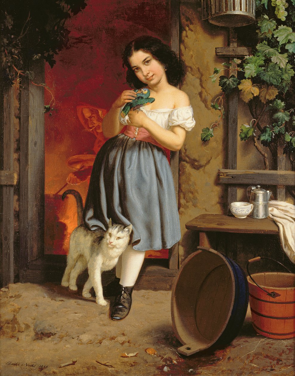 En ung jente med en katt, 1866 olje på lerret av Karl Nahl