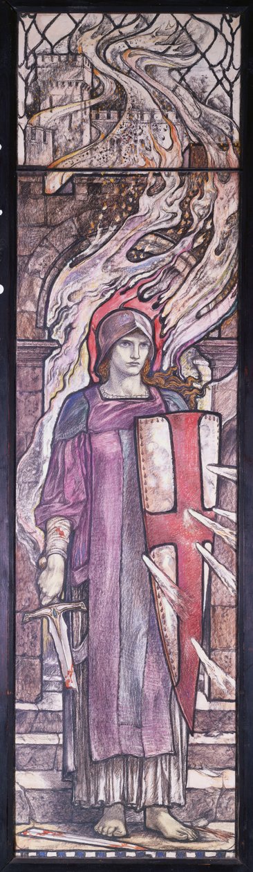 Fortitude: Design for farget glass ved All Saints Church, Eastchurch, Isle of Sheppey, ca. 1912 (svart og farget kritt, akvarell og kroppsfarge) av Karl Parsons