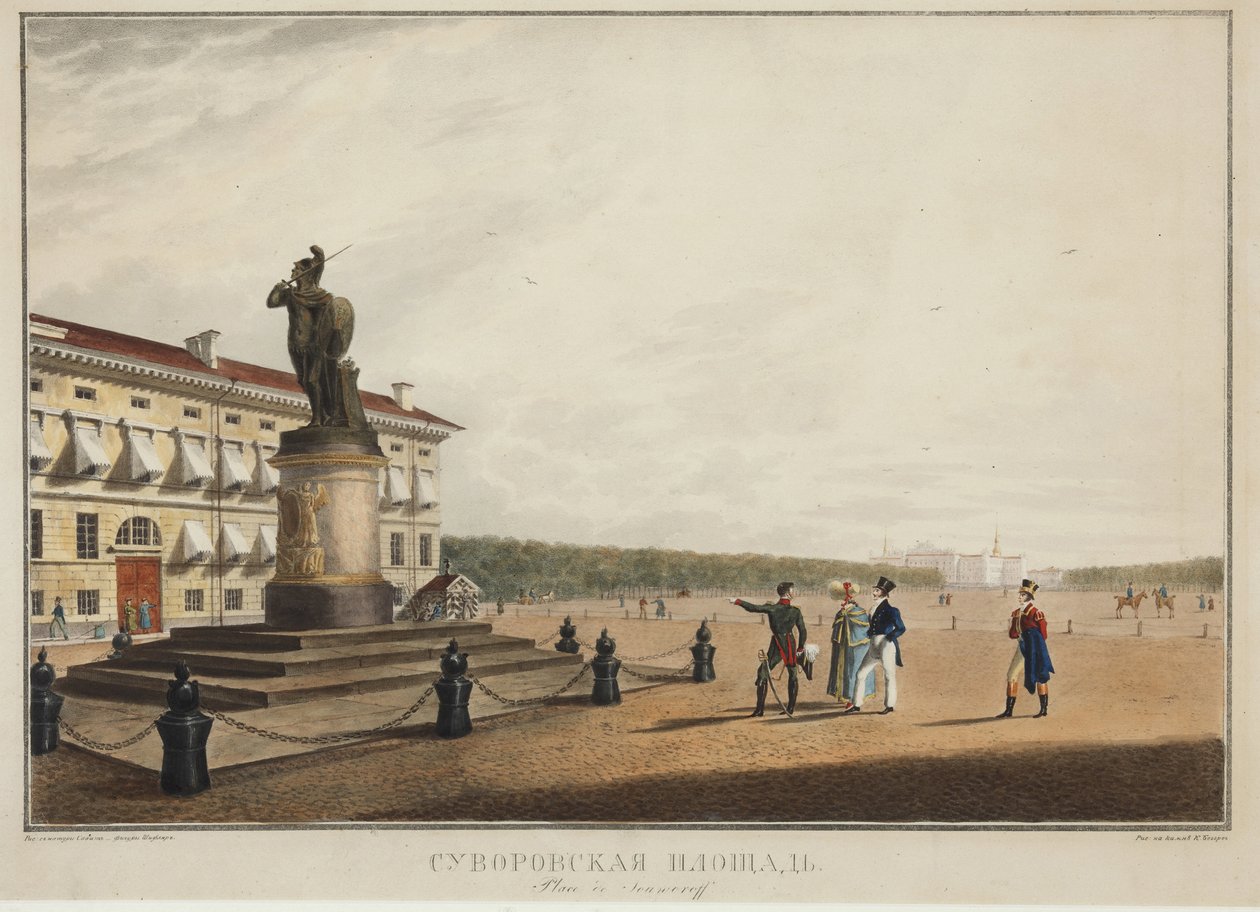 Suvorov (Souvorov)-plassen i St. Petersburg - Karl Petrovich Beggrov (1799-1875). Litografi, akvarell av Karl Pavlovich Beggrov