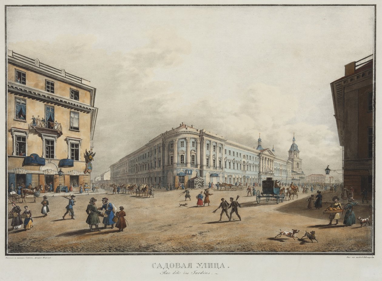 Utsikt over gaten Sadovaya i St. Petersburg - Karl Petrovich Beggrov (1799-1875). Litografi, akvarell av Karl Pavlovich Beggrov