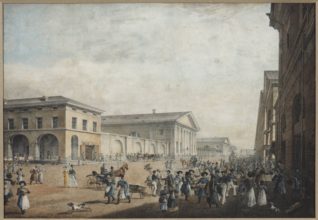 Utsikt over Sadovaya-gaten i St. Petersburg - Karl Petrovich Beggrov (1799-1875). Litografi, akvarell av Karl Pavlovich Beggrov