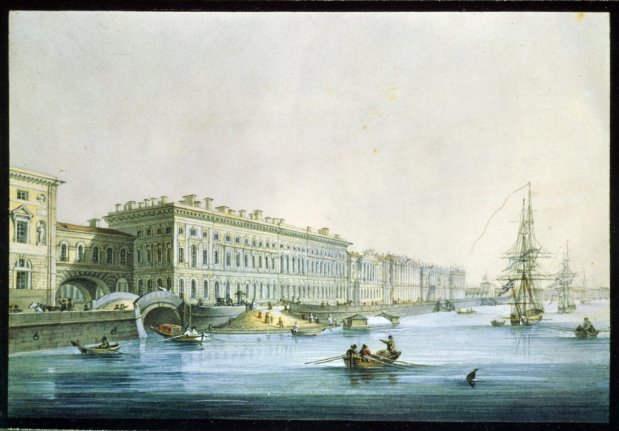 Utsikt over Palace Embankment i St. Petersburg. Maleri av Karl Petrovich Beggrov (1799-1875). Akvarell og blekk på papir, ca 1830, russisk kunst fra 1800-tallet, klassisisme. Statens russiske museum, Saint Pet av Karl Pavlovich Beggrov