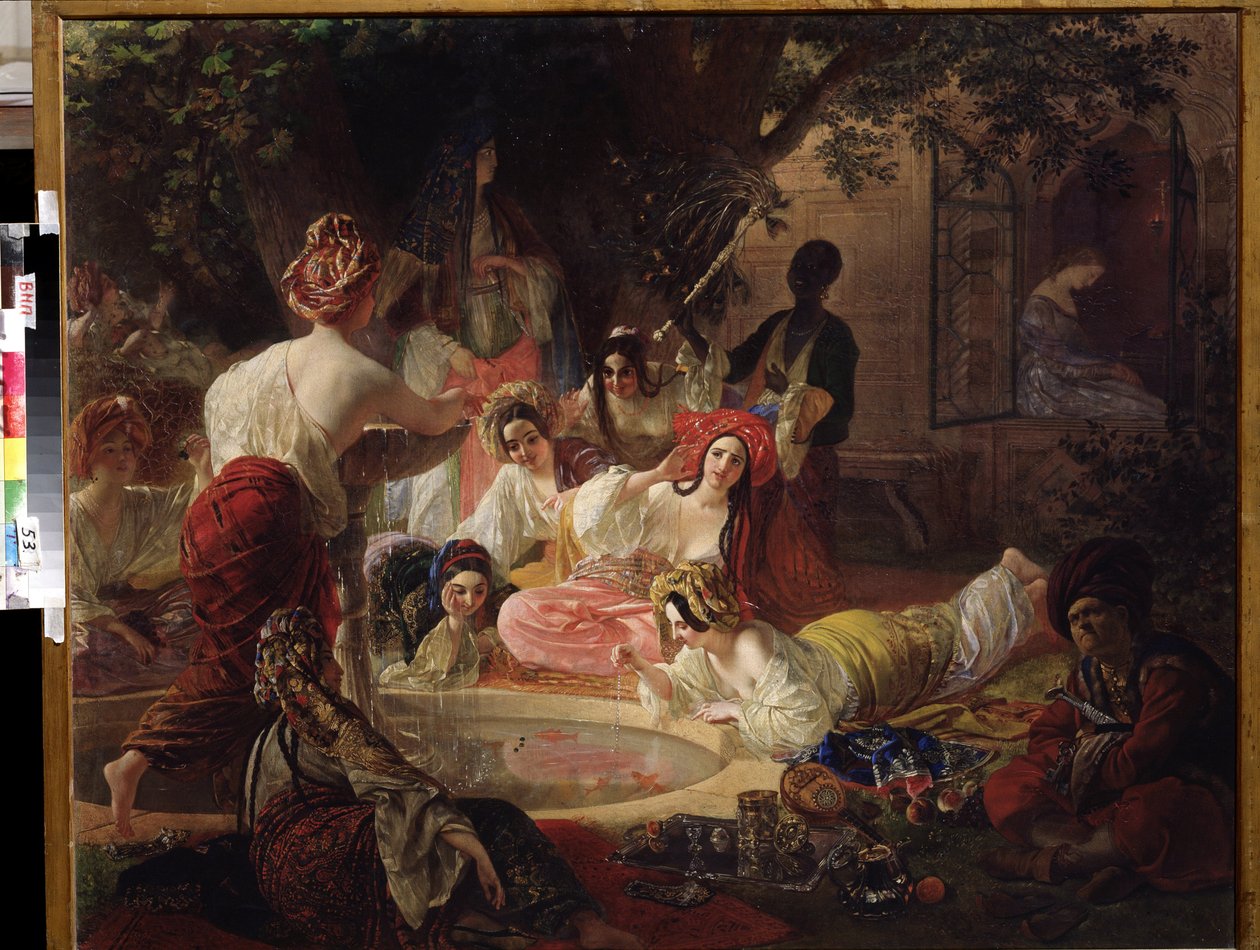 Fontenen til Bahcesaray (Tyrkia) (Bahcesaray-fontenen). Kvinner i et harem som leker med vann fra en fontene i en gullfiskdam Maleri av Karl Pavlovich Briullov (Briullov) (1799-1852). Olje på lerret av Karl Pavlovich Bryullov