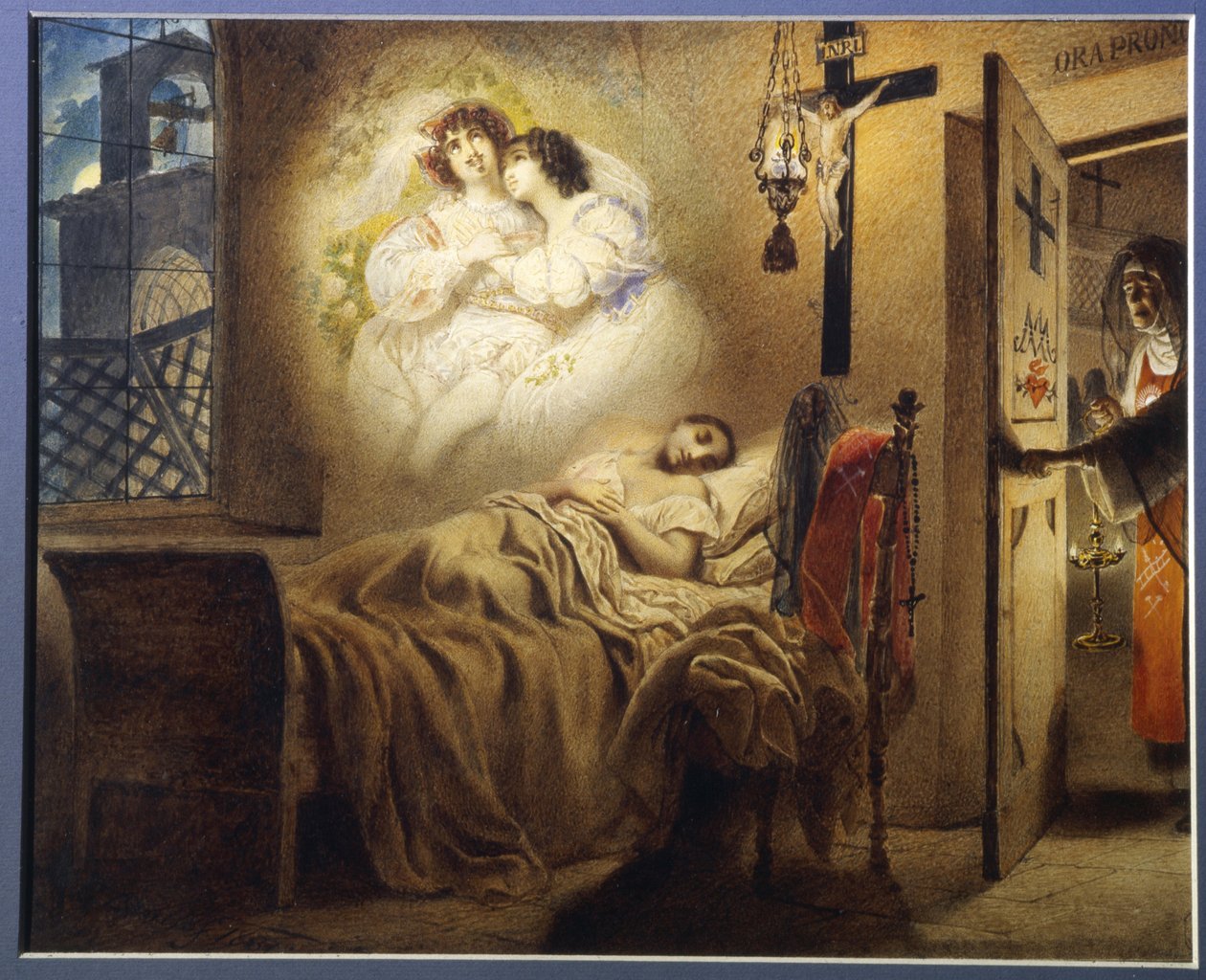 Mareritt av en nonne. En ung sovende nonne drømmer om en amorøs affære, mens overordnet mor åpner døren til cellen hennes. Verk av Karl Pavlovich Briullov (Briullov) (1799-1852), akvarell på papp av Karl Pavlovich Bryullov