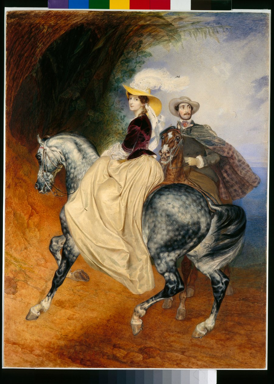 Rytterne: portretter av Eugene Mussard (ca. 1814-1896) og hans kone Emilie (ca. 1832-1896) - Verk av Karl Pavlovich Briullov (Brioullov) (1799-1852) av Karl Pavlovich Bryullov
