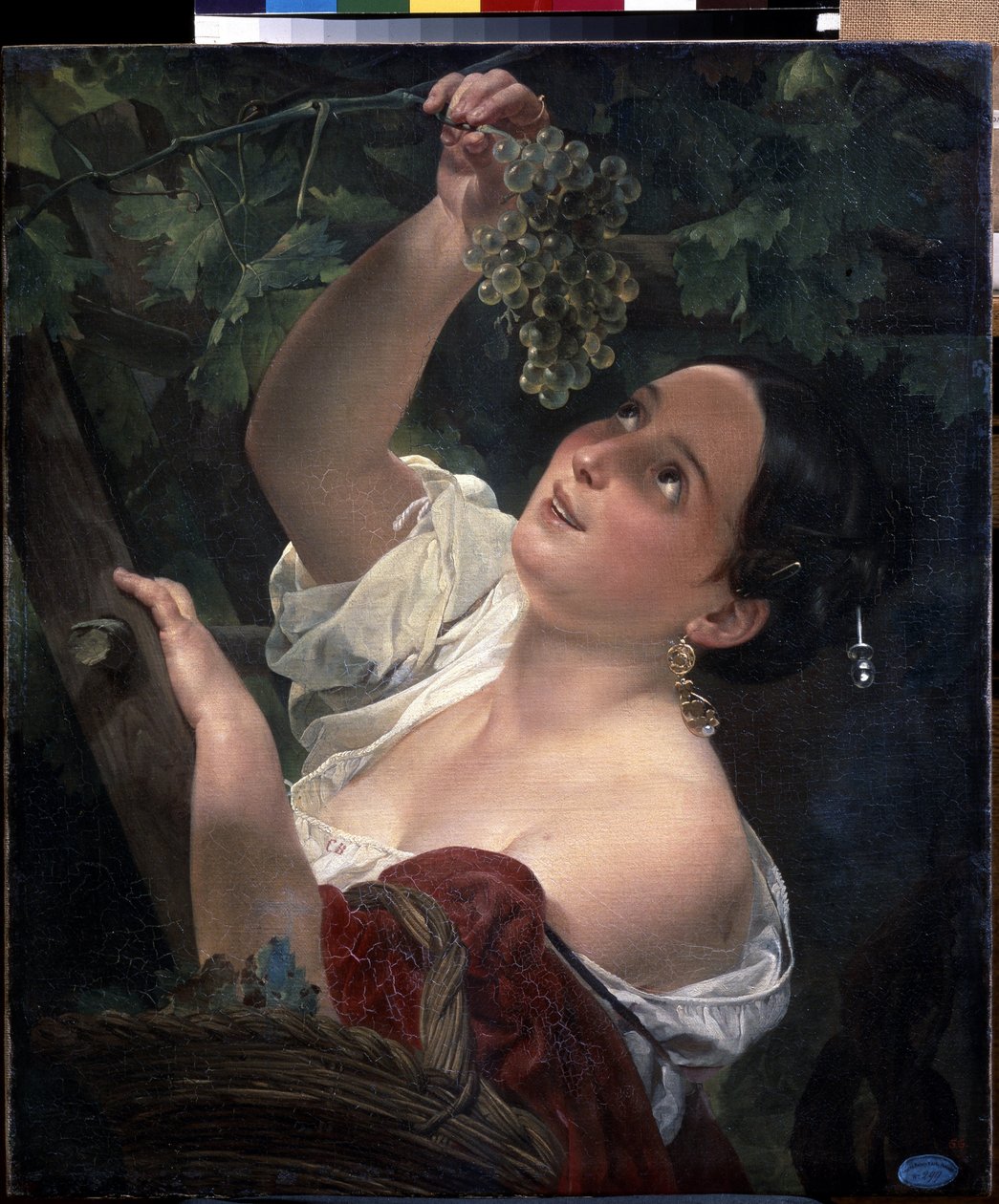Midt italiensk dag (italiensk middag). Ung kvinne, bar skulder, plukker en klase med druer - Maleri av Karl Pavlovich Briullov (Briullov) (1799-1852) - olje på lerret av Karl Pavlovich Bryullov