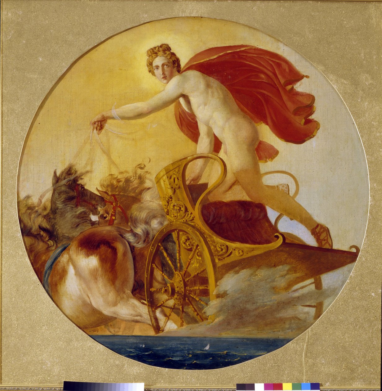 Phoebus kjører solens vogn (Phoebus Driving the Horses Of The Sun). Maleri av Karl Pavlovich Briullov (Bryullov) (1499-1852), olje på lerret. Russisk kunst fra 1800-tallet, romantikk. Statens russiske museum, St. Petersburg. av Karl Pavlovich Bryullov