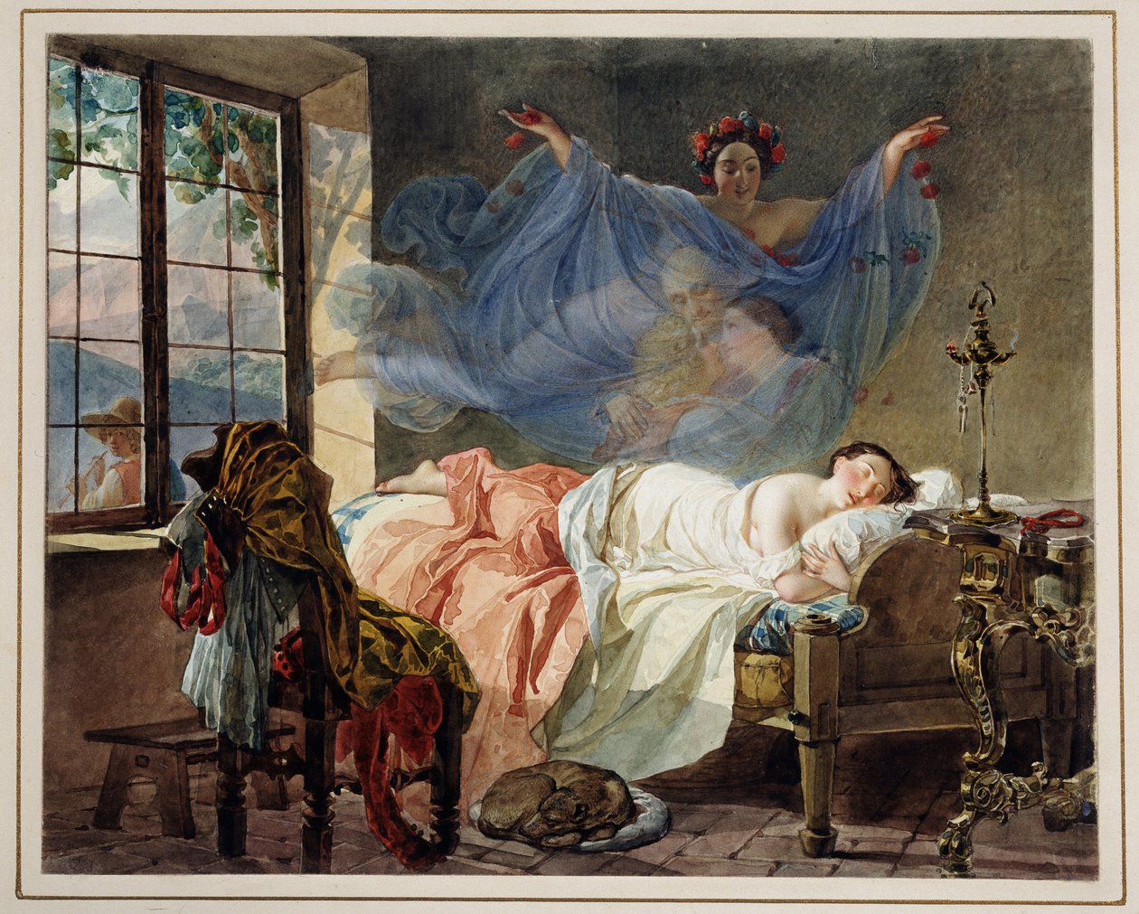 Drømmer om en ung jente ved daggry - Verk av Karl Pavlovich Briullov (Brioullov) (1799-1852) - Akvarell på papp av Karl Pavlovich Bryullov