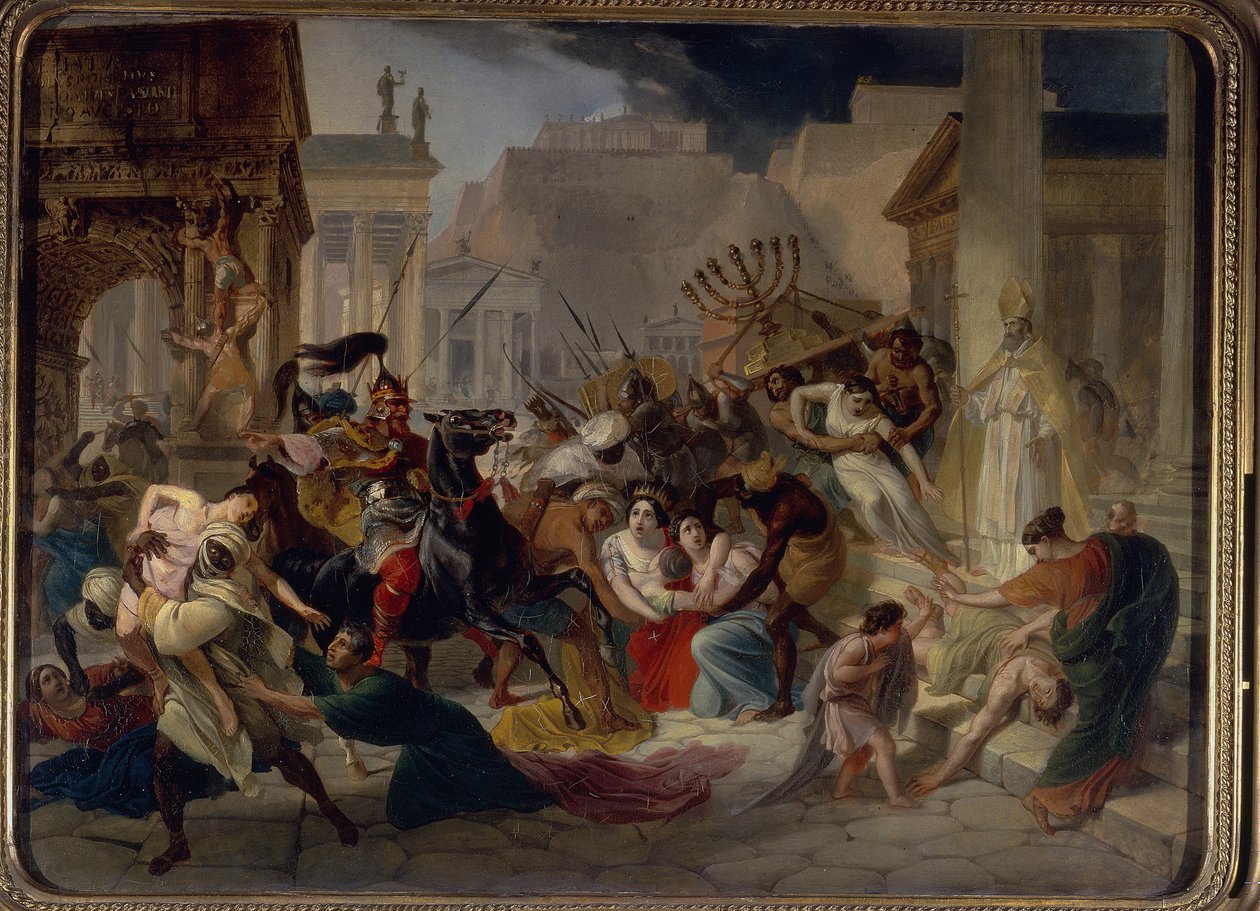 Sac de Rome en 455 : Genseric (ou Geiseric) (vers 399-477) et les Vandales envahissent Rome (Geiseric the Lame invades Rome). Ils pillent la ville et emporte la Menorah. (Menora) Peinture de Karl Pavlovich Briullov (Brioullov) (1799-1852)   1422293   no    av Karl Pavlovich Bryullov