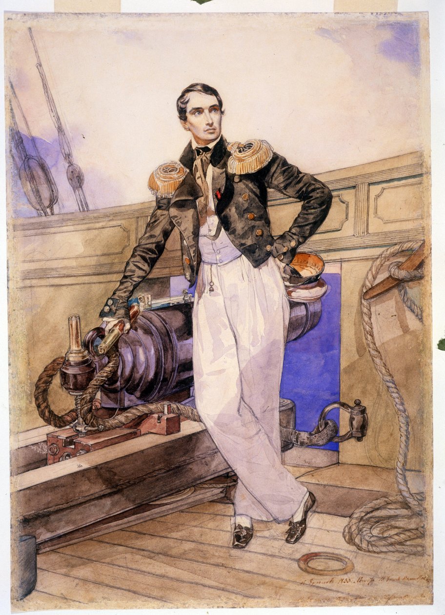 Vladimir Alekseevich Kornilov 1806-1854) ombord på briggen Themistocle. (Vladimir Alexeyevich Kornilov ombord på briggen Themistokles). Sjøoffiser og stabssjef for Svartehavsflåten, helten fra Krim-krigen (1853-1856), står av Karl Pavlovich Bryullov