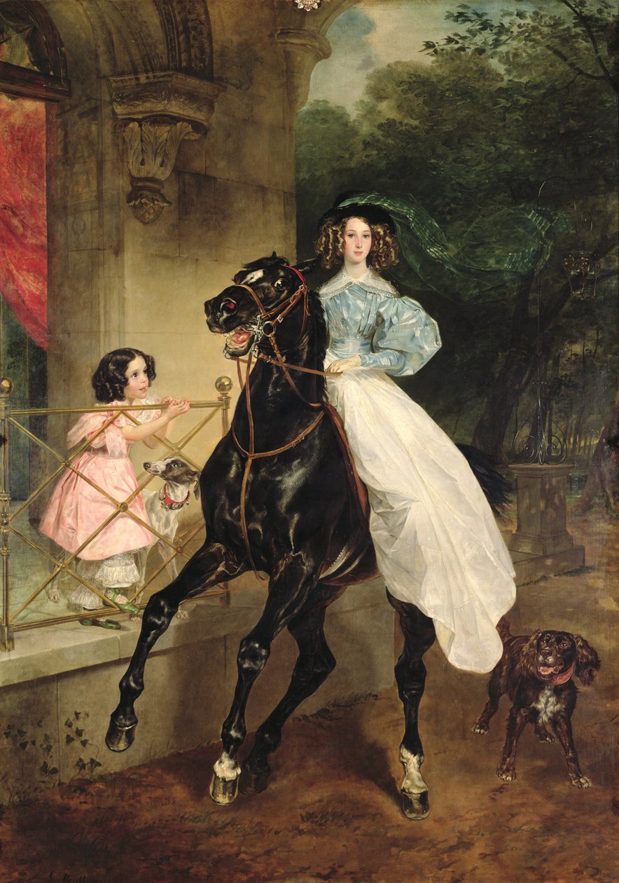 The Horsewoman, Portrait of Giovanina og Amacilia Paccini, avdelinger til grevinne Samoilova, 1832 av Karl Pavlovich Bryullov