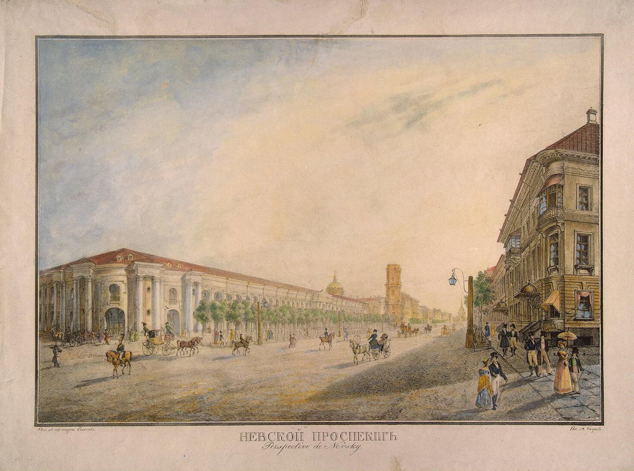 Utsikt over Nevsky Prospekt nær Gostiny Dvor i St. Petersburg, 1823 av Karl Petrovich Beggrov