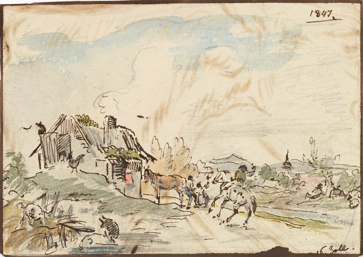 Landlig idyll, våningshus med hester av Karl Pischinger