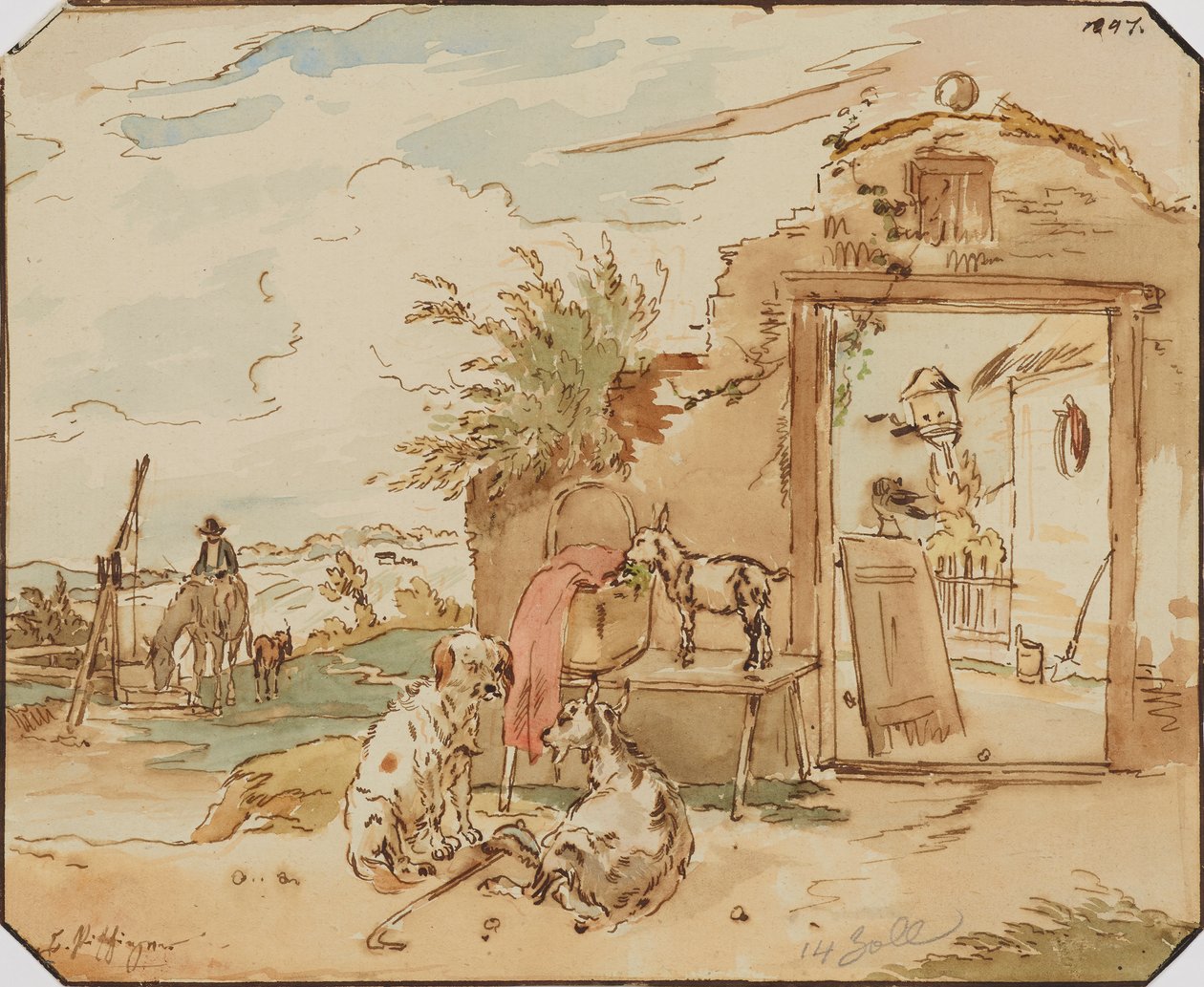 Landlig idyll, våningshus med geiter, hund, hest ved brønn av Karl Pischinger