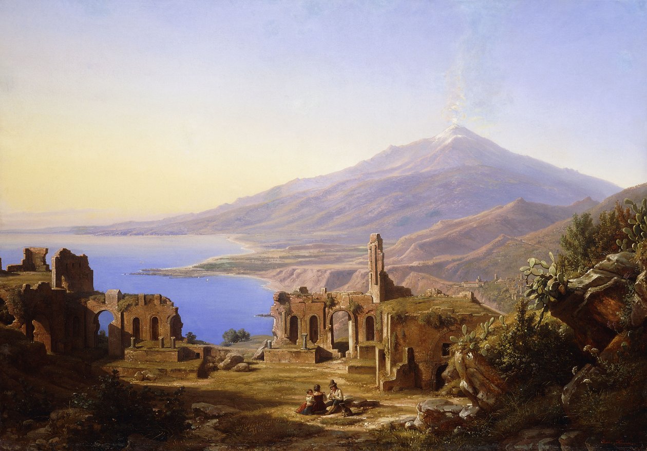 Gresk teater, Taormina, med Etna bortenfor, 1852 av Karl Robert Kummer