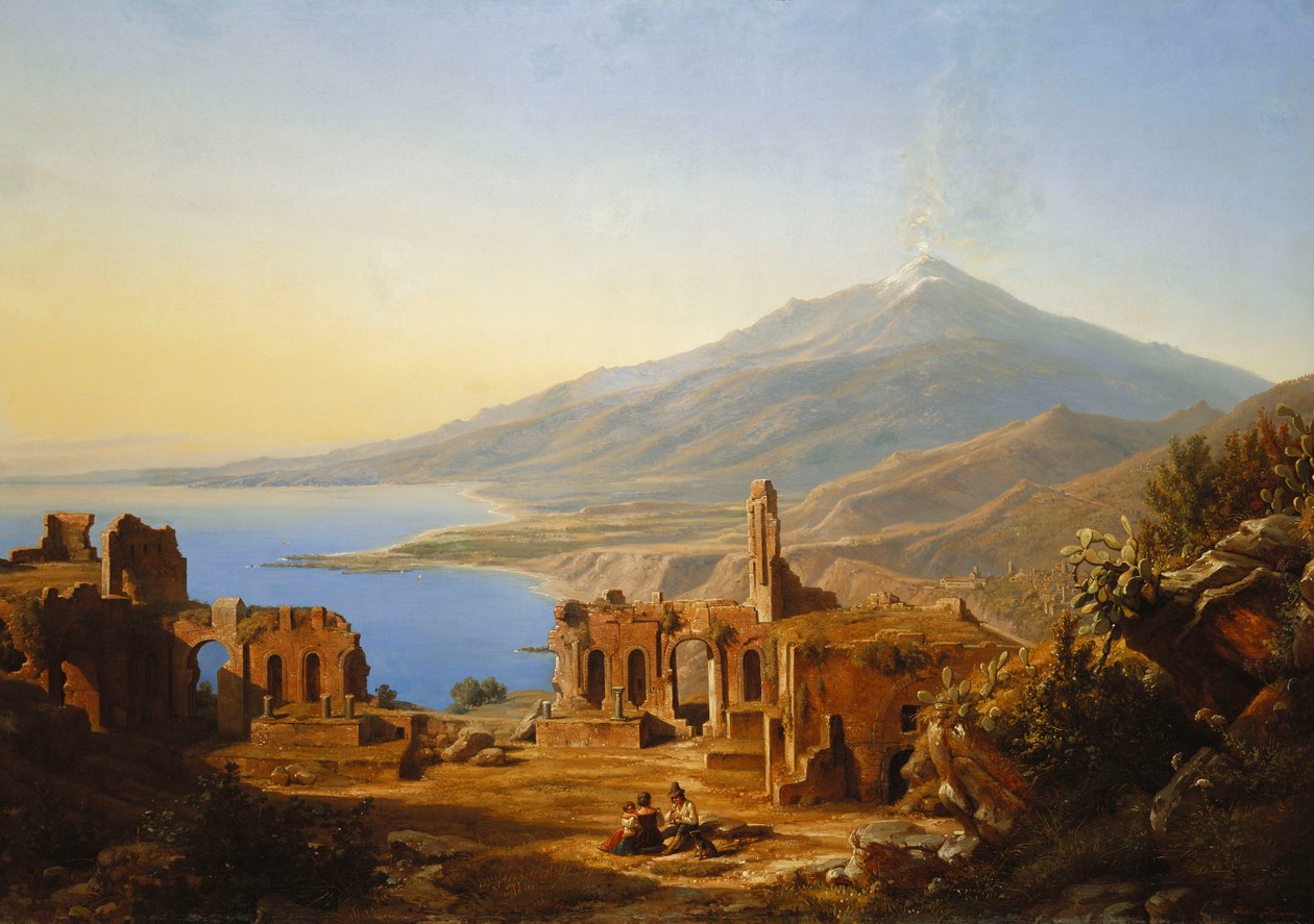Gresk teater, Taormina, med Etna bortenfor, 1852 av Karl Robert Kummer