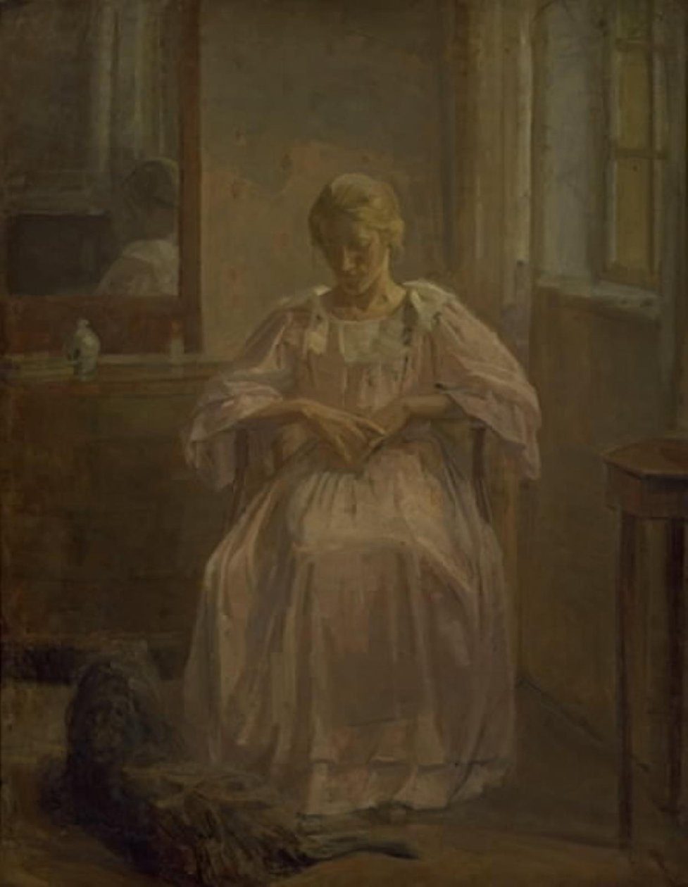En ung jente, Sophie Lofthus, med hund av Karl Schou